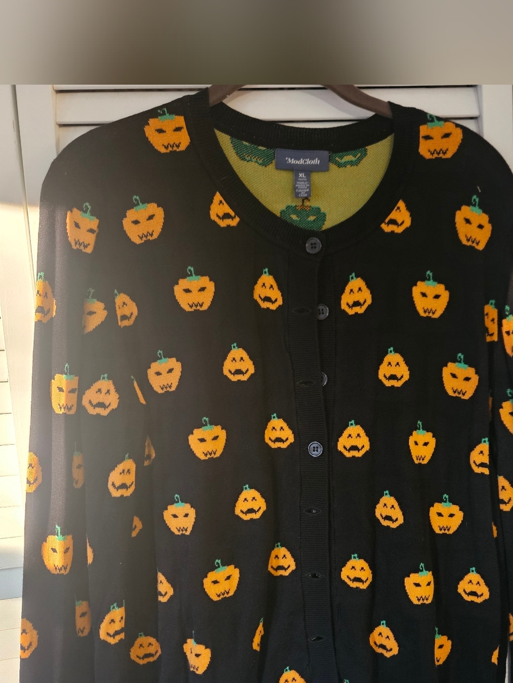 ModCloth Black Cardigan with Orange Pumpkin Motif